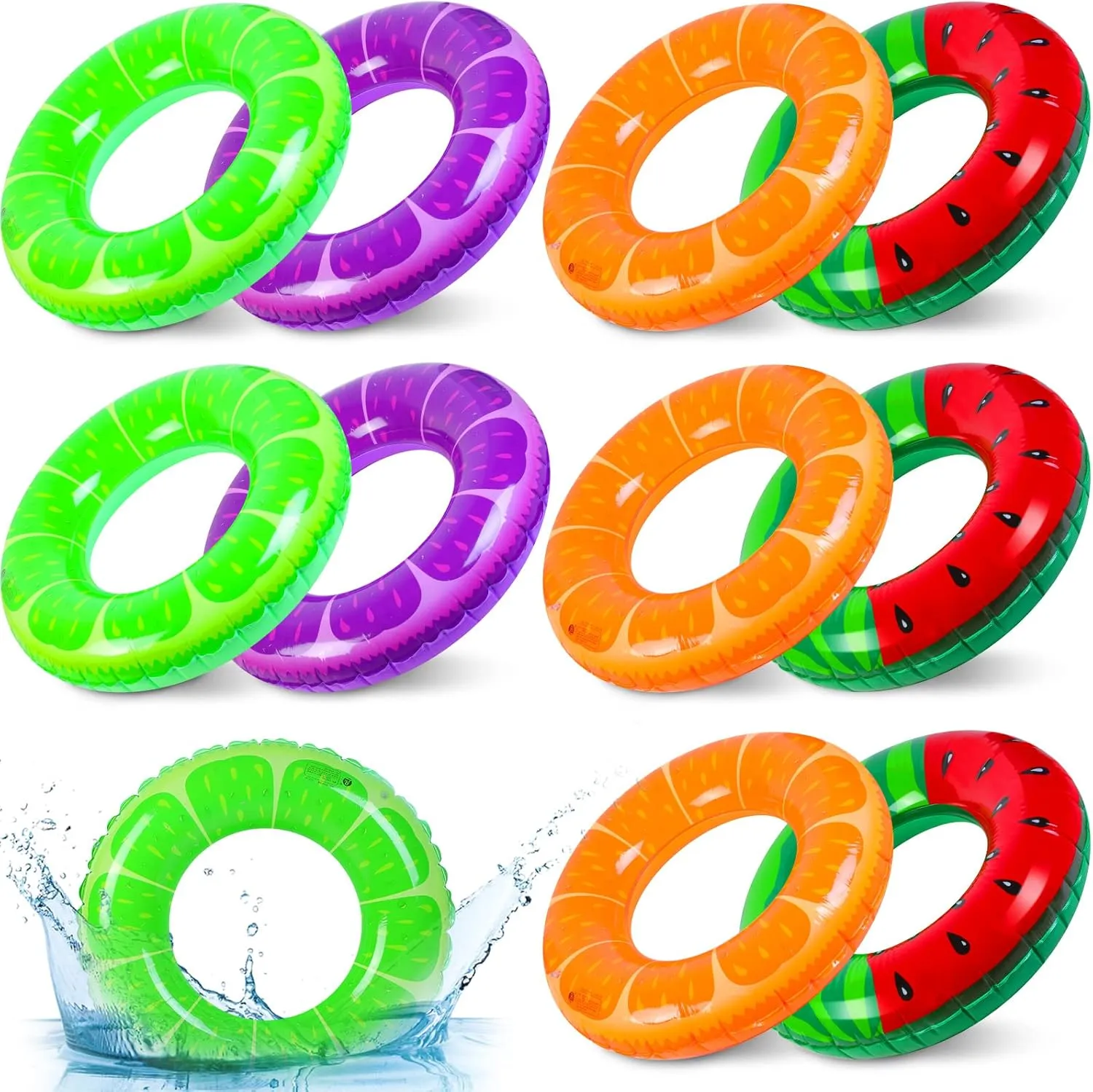10 Pcs Inflatable Pool Floats for Adults, 29 Inch Fruit Tube Rings Watermelon Grape Orange Lemon Swimming Rings, Fruit Tubes for Beach Swimming Party Decorations