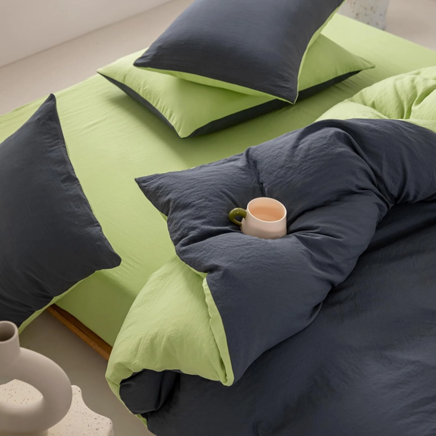 100% Washed Cotton Duvet Cover Set King Size, Soft Linen Feel Comforter Cover Set, Simple Double Solid Color Bedding Set, with Zipper Closure All-Season,Green,Twin