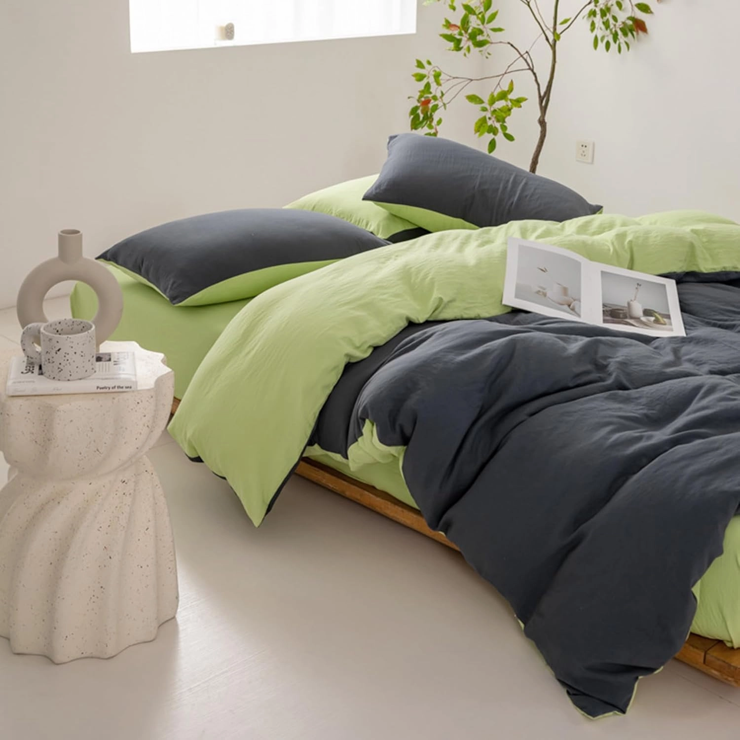 100% Washed Cotton Duvet Cover Set King Size, Soft Linen Feel Comforter Cover Set, Simple Double Solid Color Bedding Set, with Zipper Closure All-Season,Green,Twin