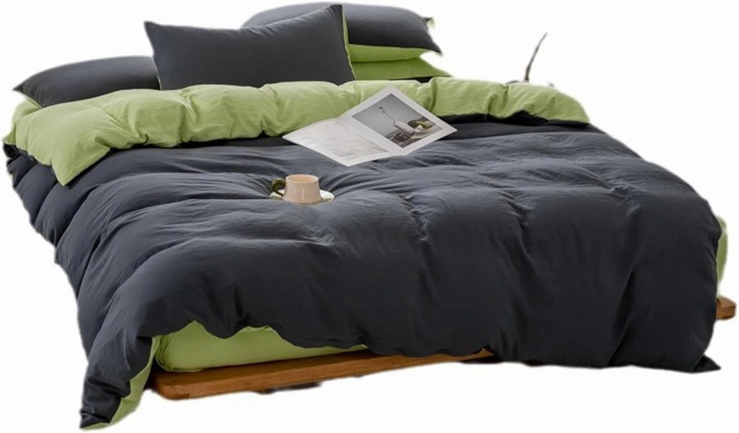 100% Washed Cotton Duvet Cover Set King Size, Soft Linen Feel Comforter Cover Set, Simple Double Solid Color Bedding Set, with Zipper Closure All-Season,Green,Twin