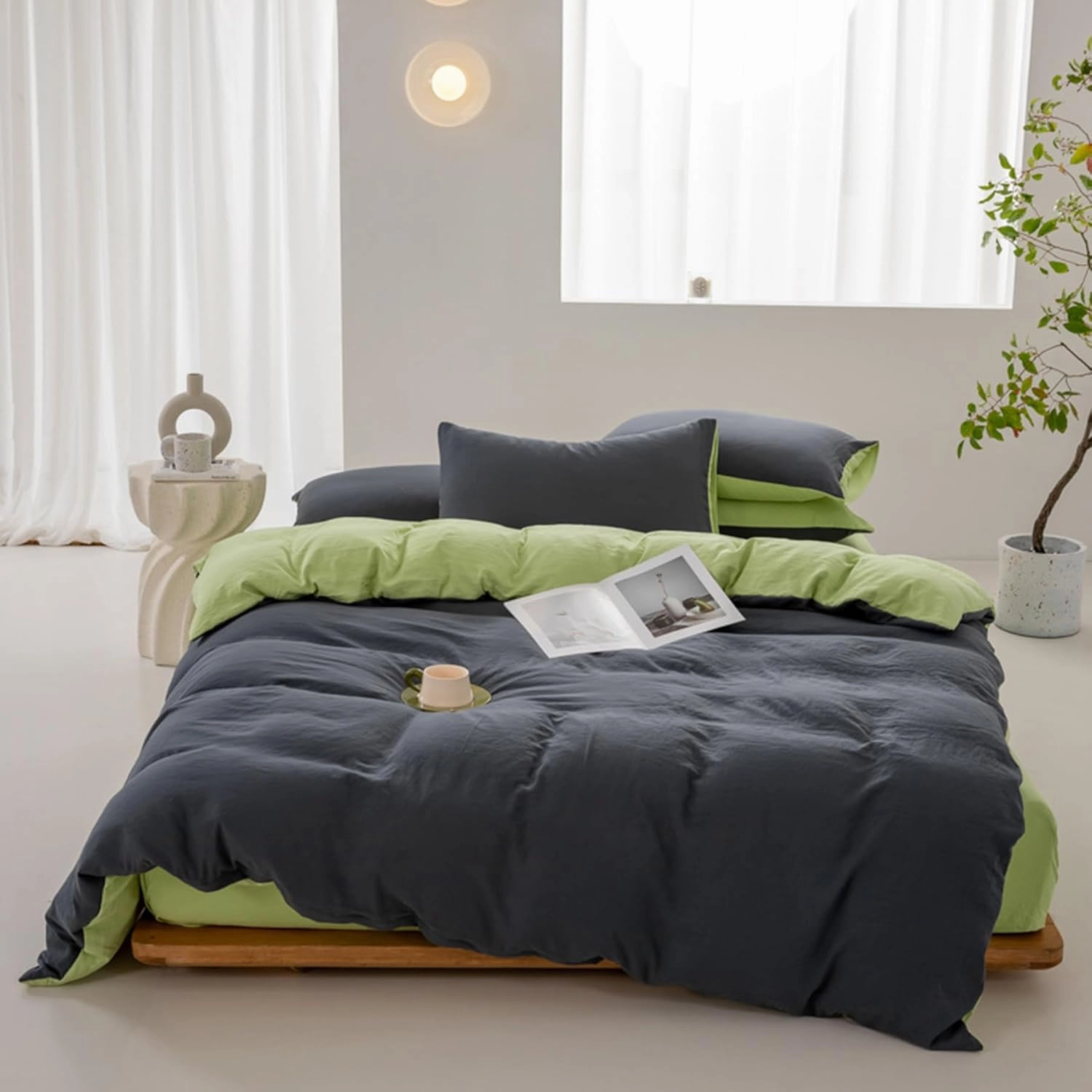 100% Washed Cotton Duvet Cover Set King Size, Soft Linen Feel Comforter Cover Set, Simple Double Solid Color Bedding Set, with Zipper Closure All-Season,Green,Twin