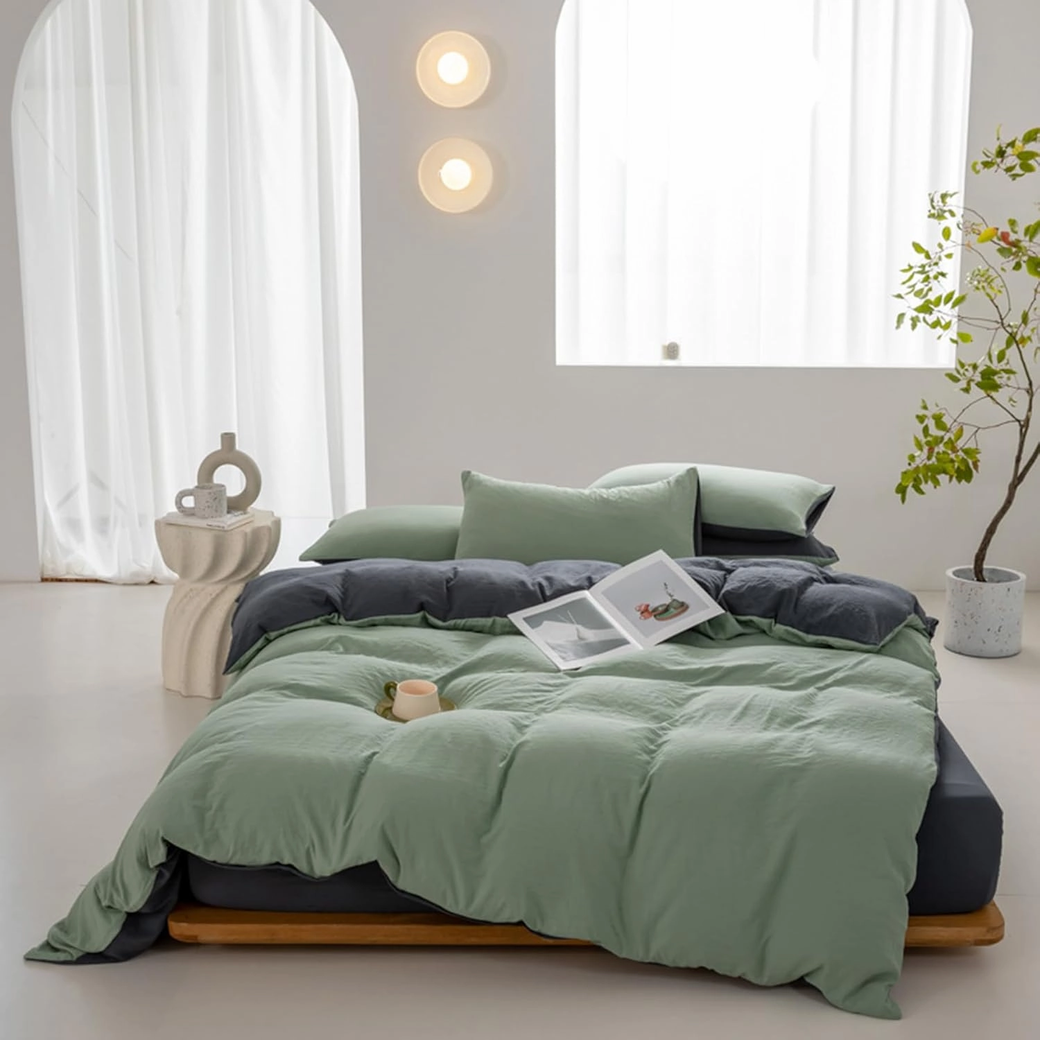 100% Washed Cotton Duvet Cover Set King Size, Soft Linen Feel Comforter Cover Set, Simple Double Solid Color Bedding Set, with Zipper Closure All-Season,Green,Twin