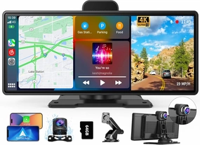 10.26" Apple Carplay Screen for Car, Portable Wireless Carplay & Android Auto with 4K Dash Cam and 1080P Backup Camera, Featured Advanced Driver Assistance System, with GPS Navigation, BT/AUX/FM