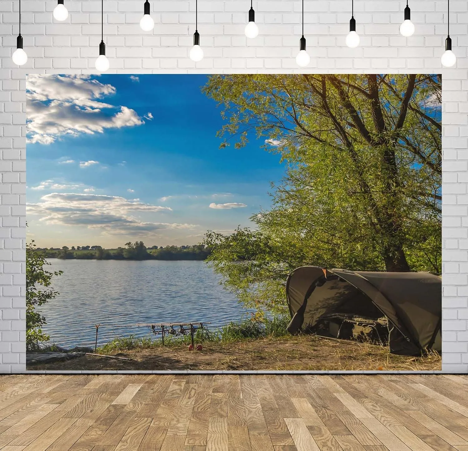 10x8ft Fabric Lakeside Fishing Backdrop Forest Lake Shore Camping Fishing Sunset Scenery Background Fishing Adventures Party Decorations Photo Studio Props
