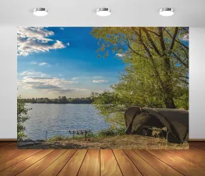 10x8ft Fabric Lakeside Fishing Backdrop Forest Lake Shore Camping Fishing Sunset Scenery Background Fishing Adventures Party Decorations Photo Studio Props