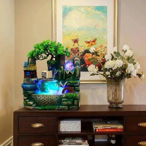 11.81 x 7.87 x 9.8 inch Tabletop Fountain, Waterfall Fountain Indoor Tabletop Water Fountain Trees Rockeries Desk with LED Light Crystal Ball Atomizer for Home Décor Office Relaxing