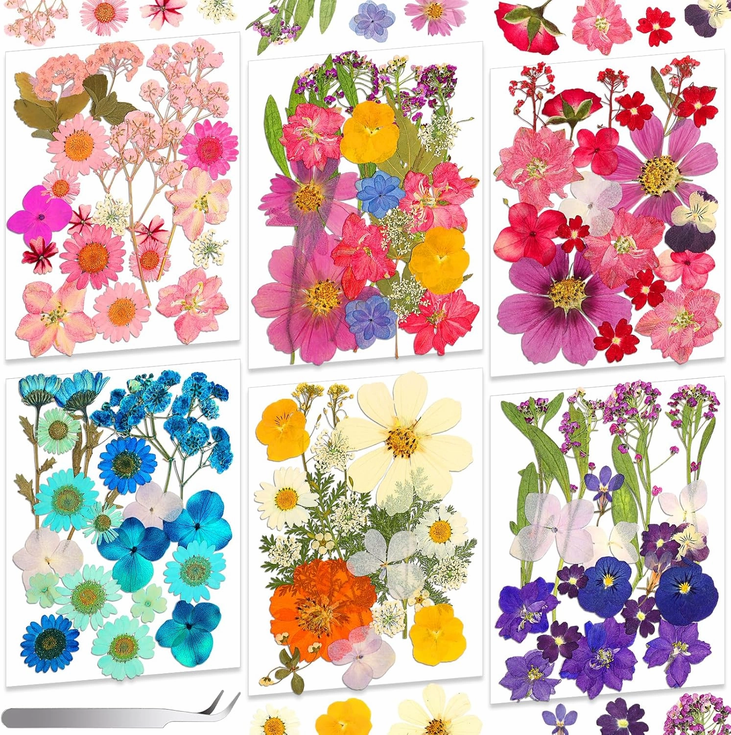 120 PCS Real Pressed Flowers, Natural Dried Pressed Flowers for Resin, Dried Florals Dry Flowers Leaves Kit with Tweezers for Scrapbooking DIY Art Crafts, Mother’s Day Birthday Gift