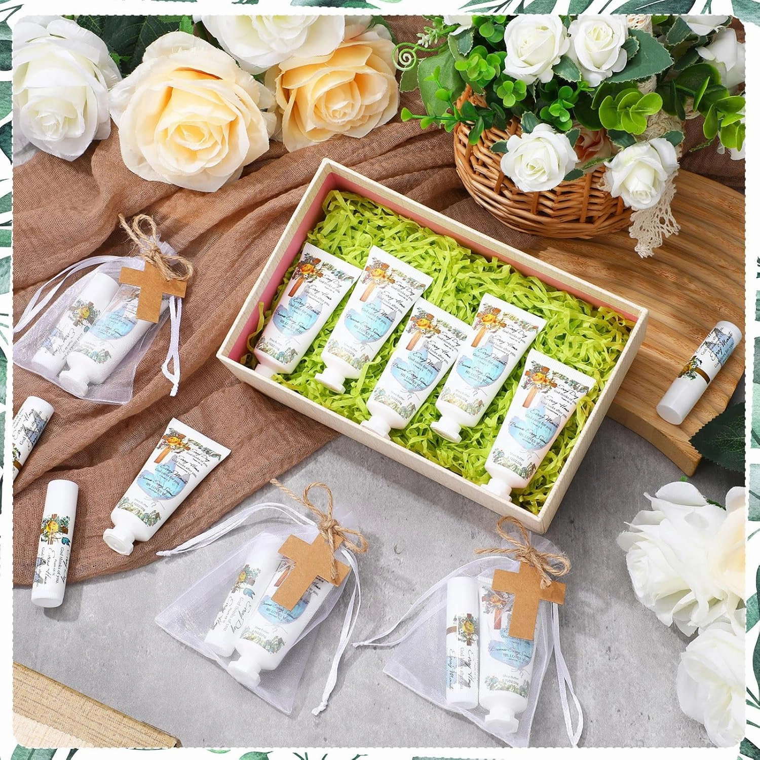 144 Pcs Christian Lip Balm Hand Cream Set Party Favors, Include 36 Bible Lip Balm 36 Moisturizing Hand Cream 36 Bags 36 Cards and Ropes for Accessories Gifts (Biblical, Cross)