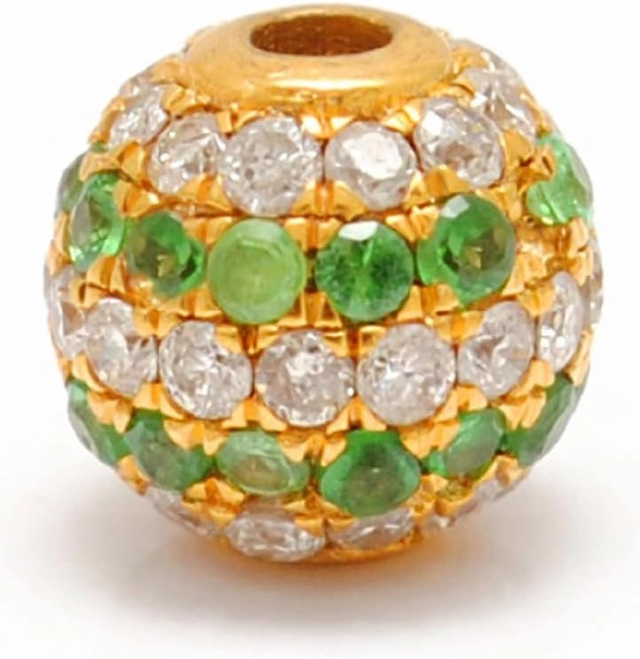 14K Solid Gold Round Beads – 6mm Pavé Diamond & Tsavorite Accents, Handmade Jewelry Charms, Luxury Bead for Custom Jewelry, Gift for Her