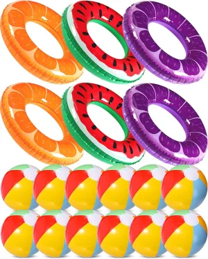 18 Pcs Summer Fruit Pool Floats 6 Watermelon Orange Grape Pool Swim Tubes Rings 12 Beach Balls Swimming Inflatable Floaties Toys for Adults Beach Hawaiian Luau Party