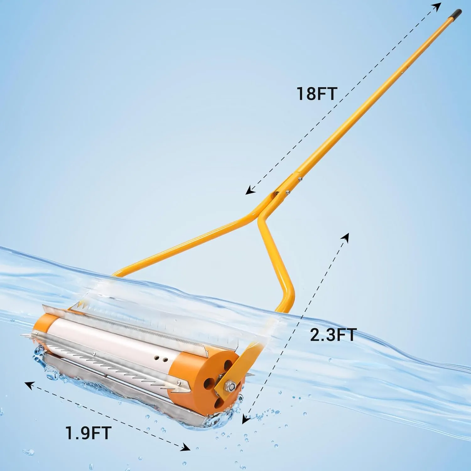 18ft Aquatic Weed & Sludge Tiller, Lake & Pond Weed Removal Tool, Rid Weeds Roots and Muck Buildup, 5 Aluminum Handles, 6 Preassembled Stainless Steel Blades, Super Easy Assembly, Yellow