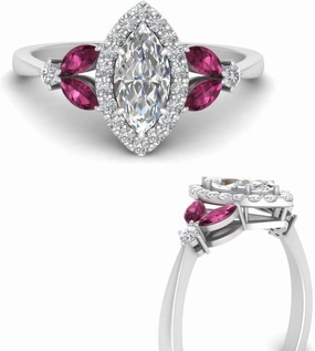 1.03 Carat Delicate Marquise Cut Halo Diamond Engagement & wedding Ring with Pink Sapphire in 14k White Gold Plated 925 Sterling Silver