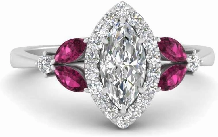 1.03 Carat Delicate Marquise Cut Halo Diamond Engagement & wedding Ring with Pink Sapphire in 14k White Gold Plated 925 Sterling Silver