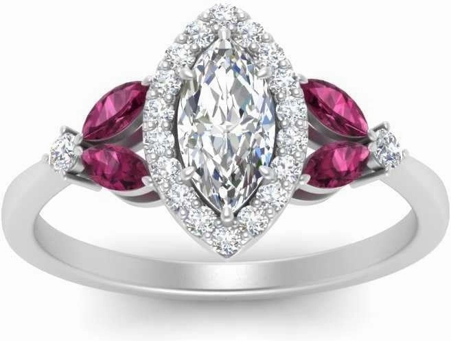 1.03 Carat Delicate Marquise Cut Halo Diamond Engagement & wedding Ring with Pink Sapphire in 14k White Gold Plated 925 Sterling Silver