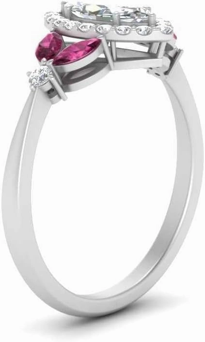 1.03 Carat Delicate Marquise Cut Halo Diamond Engagement & wedding Ring with Pink Sapphire in 14k White Gold Plated 925 Sterling Silver