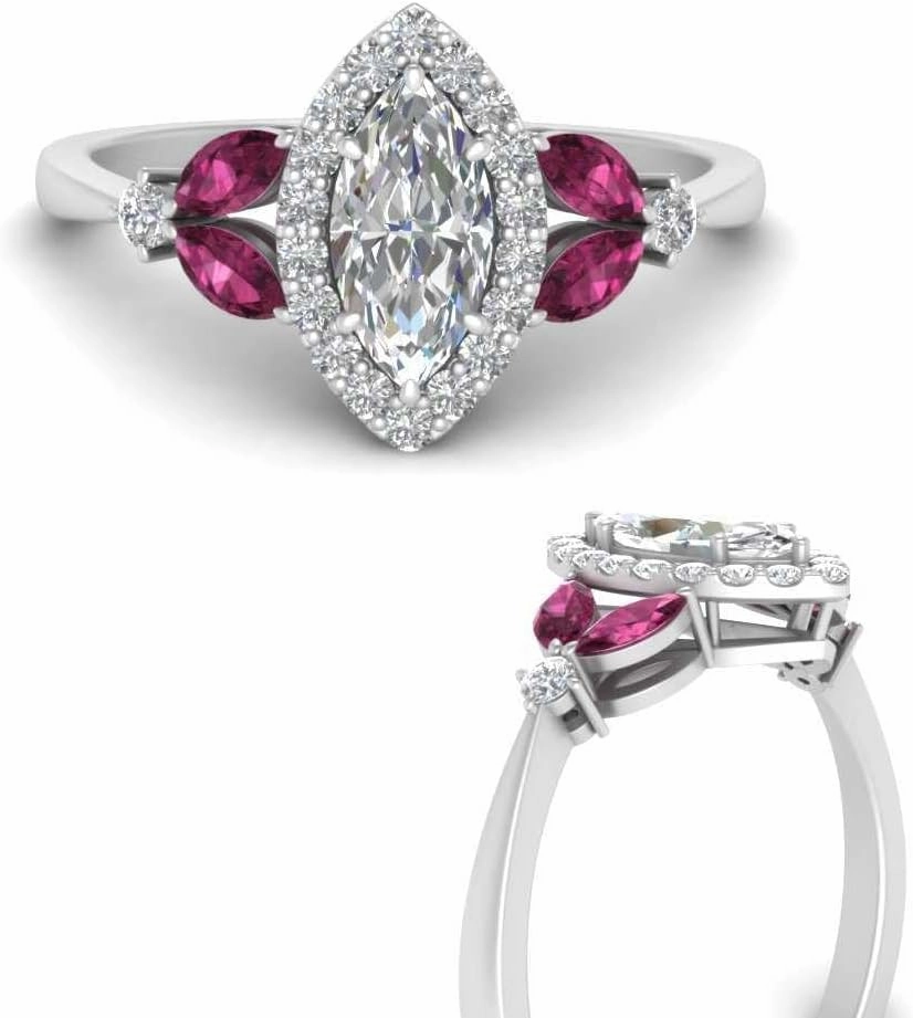 1.03 Carat Delicate Marquise Cut Halo Diamond Engagement & wedding Ring with Pink Sapphire in 14k White Gold Plated 925 Sterling Silver
