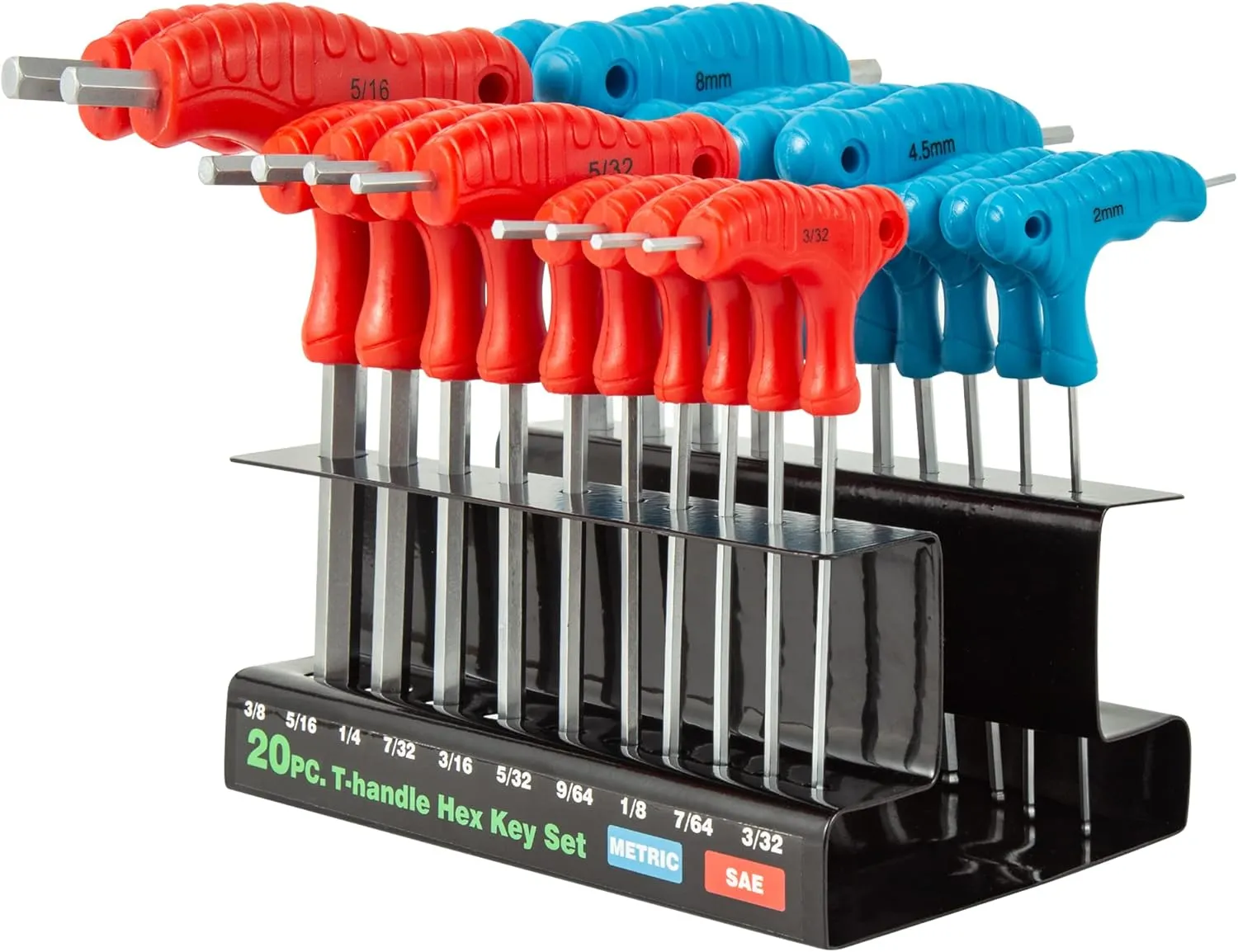 20-piece T-Handle Allen Hex Key Wrench Set, Long Arm Ball-head Design, Metric (2mm-10mm), Imperial (3/32"-3/8")