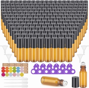 200 Pack Essential Oil Roller Bottles, Amber Glass Roller Bottles 5ml, Roller Balls for Essential Oils, Roll on Bottles (768 Pieces Labels, 32 Funnels, 32 Dropper, 16 Opener)