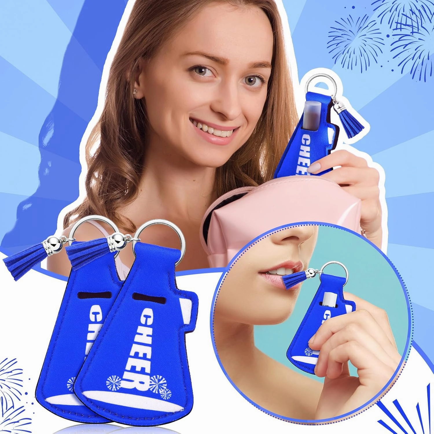 20 Pcs Cheerleading Gifts Bulk Natural Lip Balm Holder with Tassel Hangable Keychain Charms Set Cheer Team Gifts for Cheer Teen Sports Party Supplies(Blue)