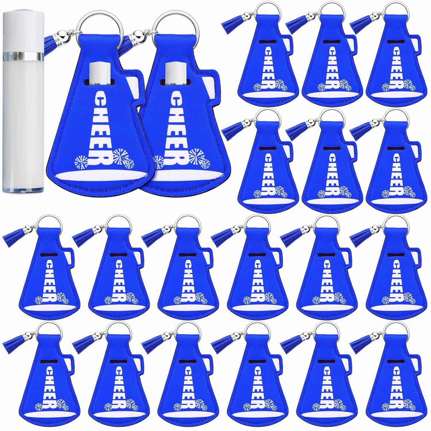 20 Pcs Cheerleading Gifts Bulk Natural Lip Balm Holder with Tassel Hangable Keychain Charms Set Cheer Team Gifts for Cheer Teen Sports Party Supplies(Blue)