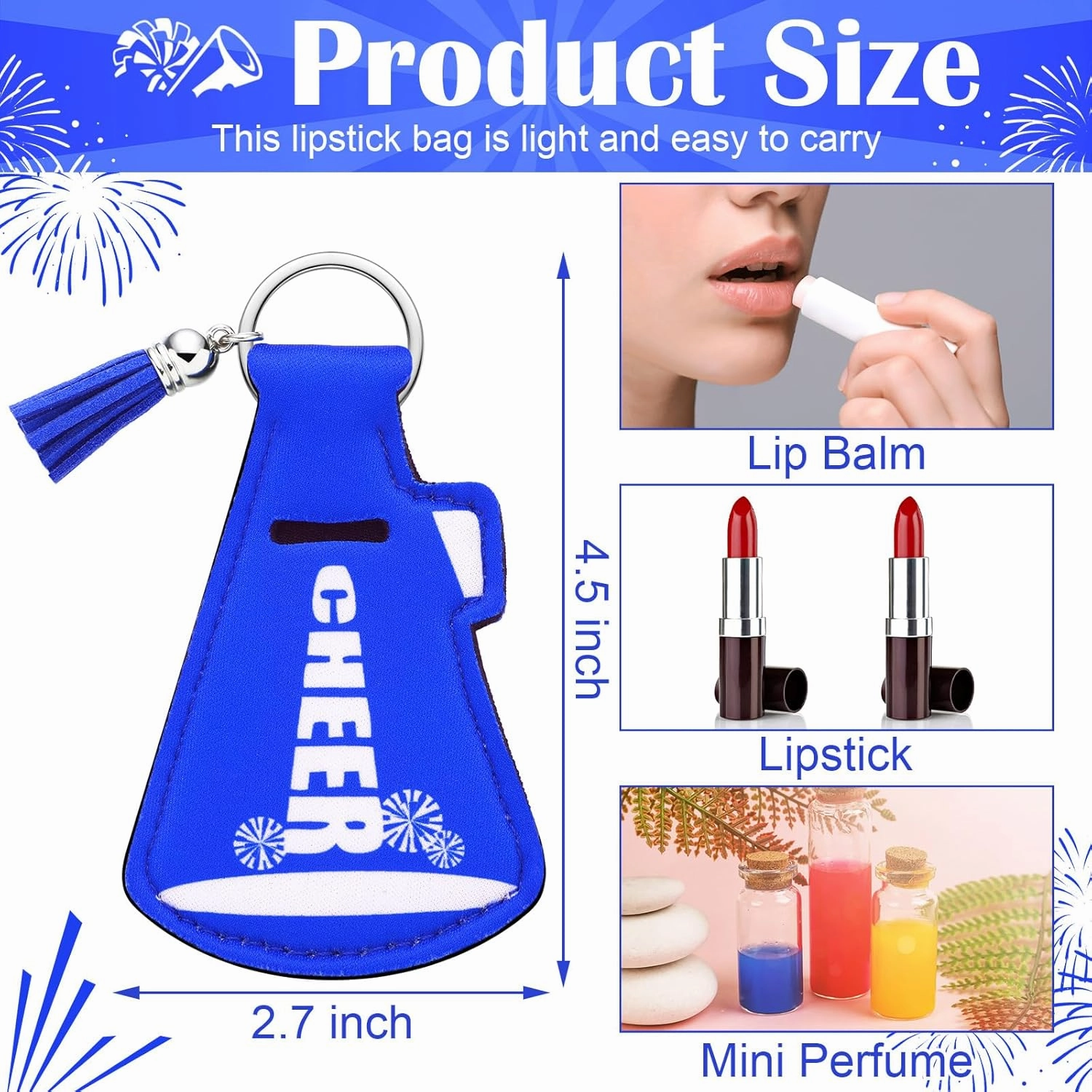 20 Pcs Cheerleading Gifts Bulk Natural Lip Balm Holder with Tassel Hangable Keychain Charms Set Cheer Team Gifts for Cheer Teen Sports Party Supplies(Blue)