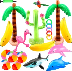 24 Pack Inflatable Palm Tree Flamingo Inflatable Beach Ball Cactus Shark Dolphin Banana Swim Ring Toss for Beach Party Hawaiian Party Decor Outdoor Activities