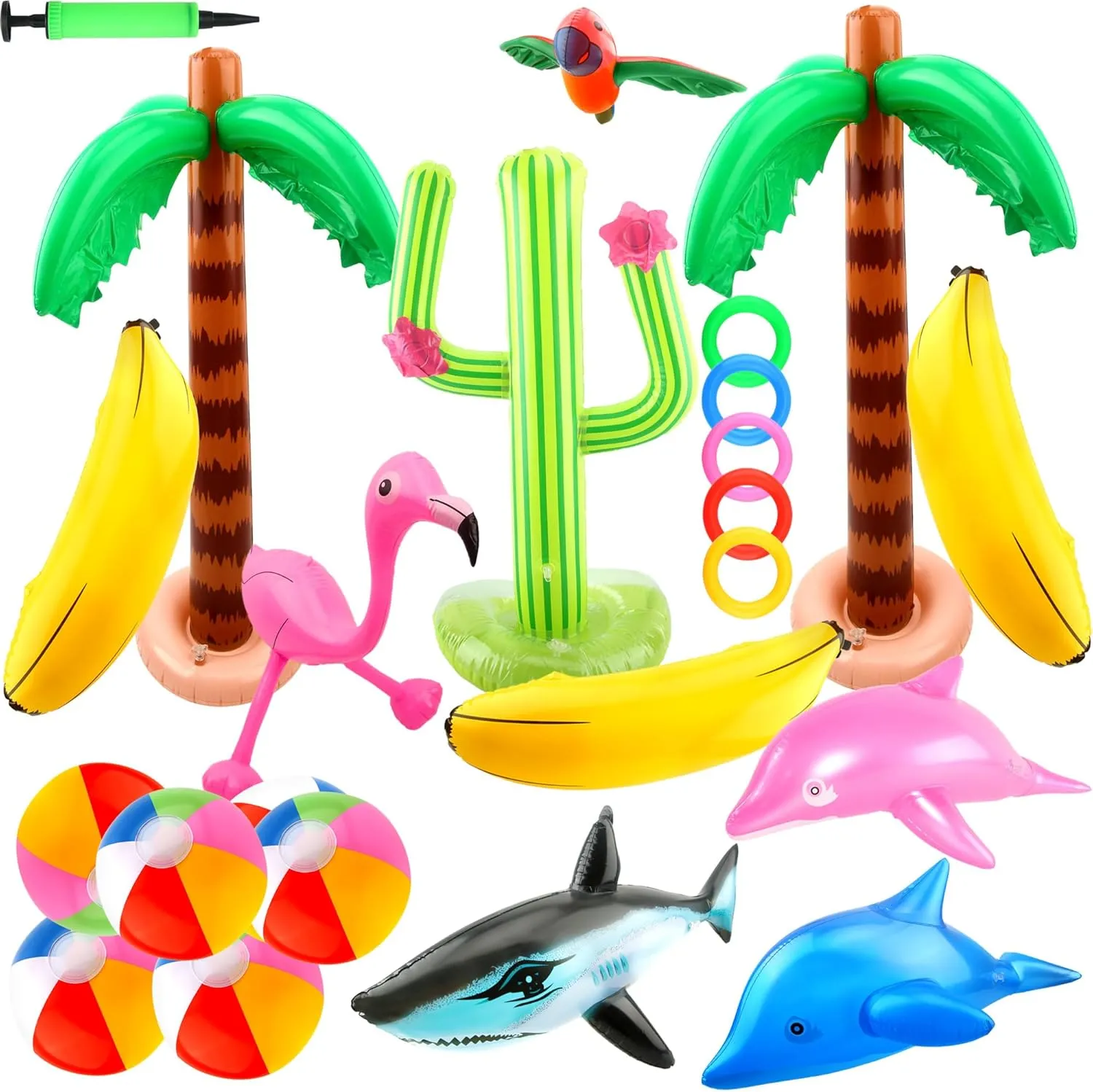 24 Pack Inflatable Palm Tree Flamingo Inflatable Beach Ball Cactus Shark Dolphin Banana Swim Ring Toss for Beach Party Hawaiian Party Decor Outdoor Activities