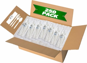 250 Pack Individually Wrapped Cutlery Set, Dispobasble Utensils Sets, White - Includes Disposable Cutlery Forks/Spoon/Knife/Napkin/Salt & Pepper - 250 Sets
