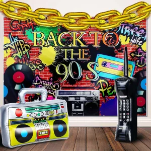 27Pcs 80s 90s Disco Themed Party Decorations Supplies Includes Inflatable Radio Boombox Backdrop Inflatable Mobile Phone and 16 Inch Gold Foil Chain Balloons for 80s 90s Party(Novel Style)