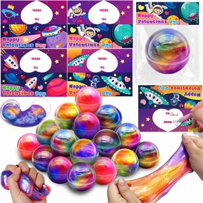 28 Pack Valentines Galaxy Putty Slime Kit with Valentines Cards for Kids School Valentine Day Gifts for Kids Classroom Exchange Colorful Stress Relief Fidget Toys Boys Girls Valentine Party Favors