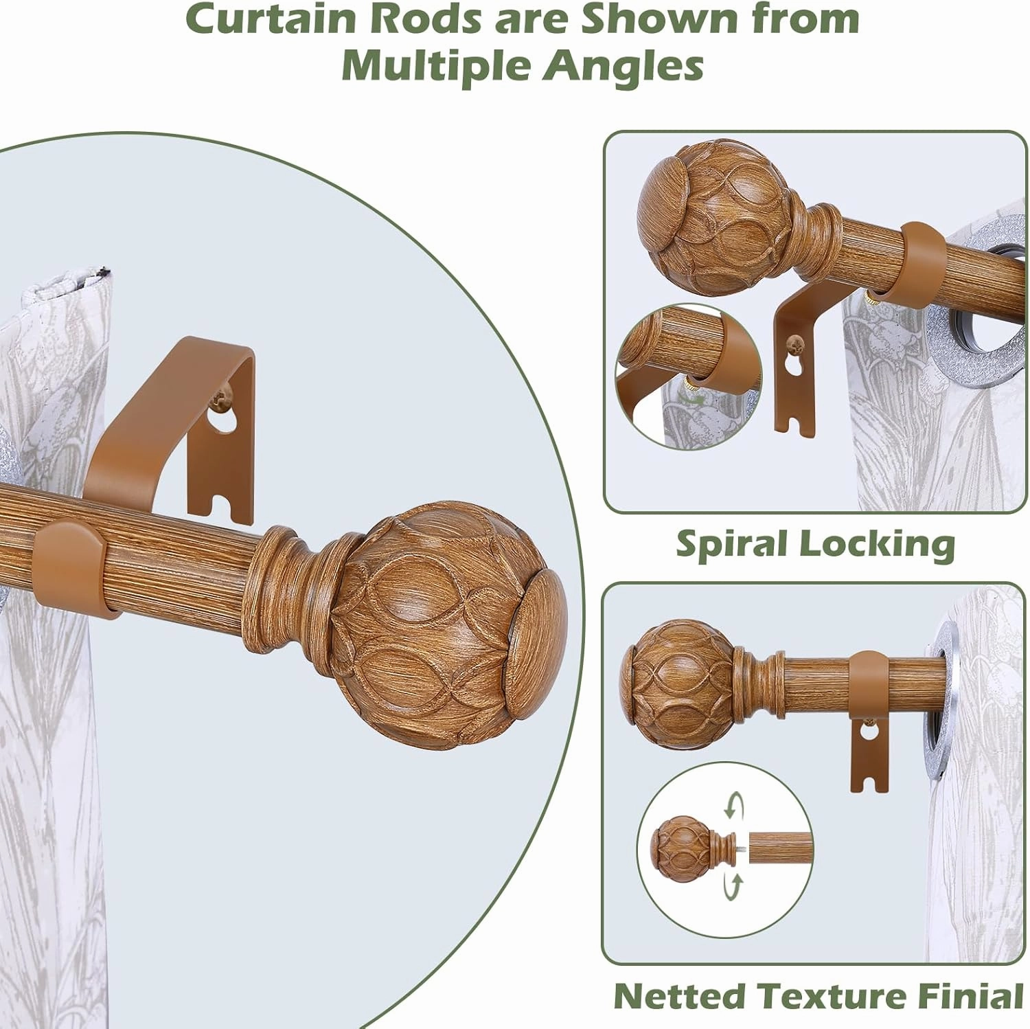 2 Pack Wood Curtain Rods 48 to 84 Inch,1 Inch Adjustable Curtain Rod,Netted Texture Window Curtains Rods,Farmhouse Rustic Heavy Duty Curtain Rods,Brown Wood Grain Decorative Drapery Rods 36-88"