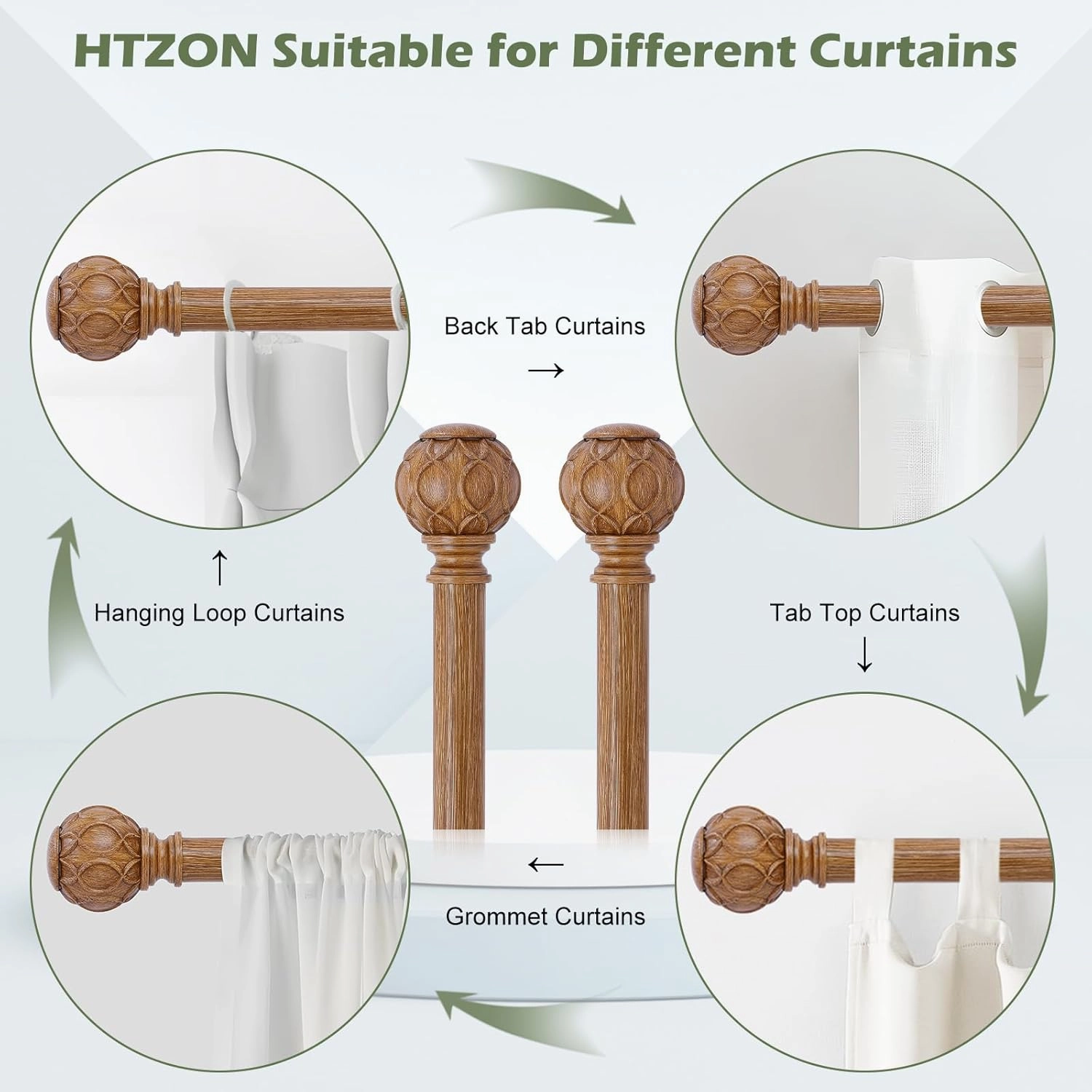 2 Pack Wood Curtain Rods 48 to 84 Inch,1 Inch Adjustable Curtain Rod,Netted Texture Window Curtains Rods,Farmhouse Rustic Heavy Duty Curtain Rods,Brown Wood Grain Decorative Drapery Rods 36-88"