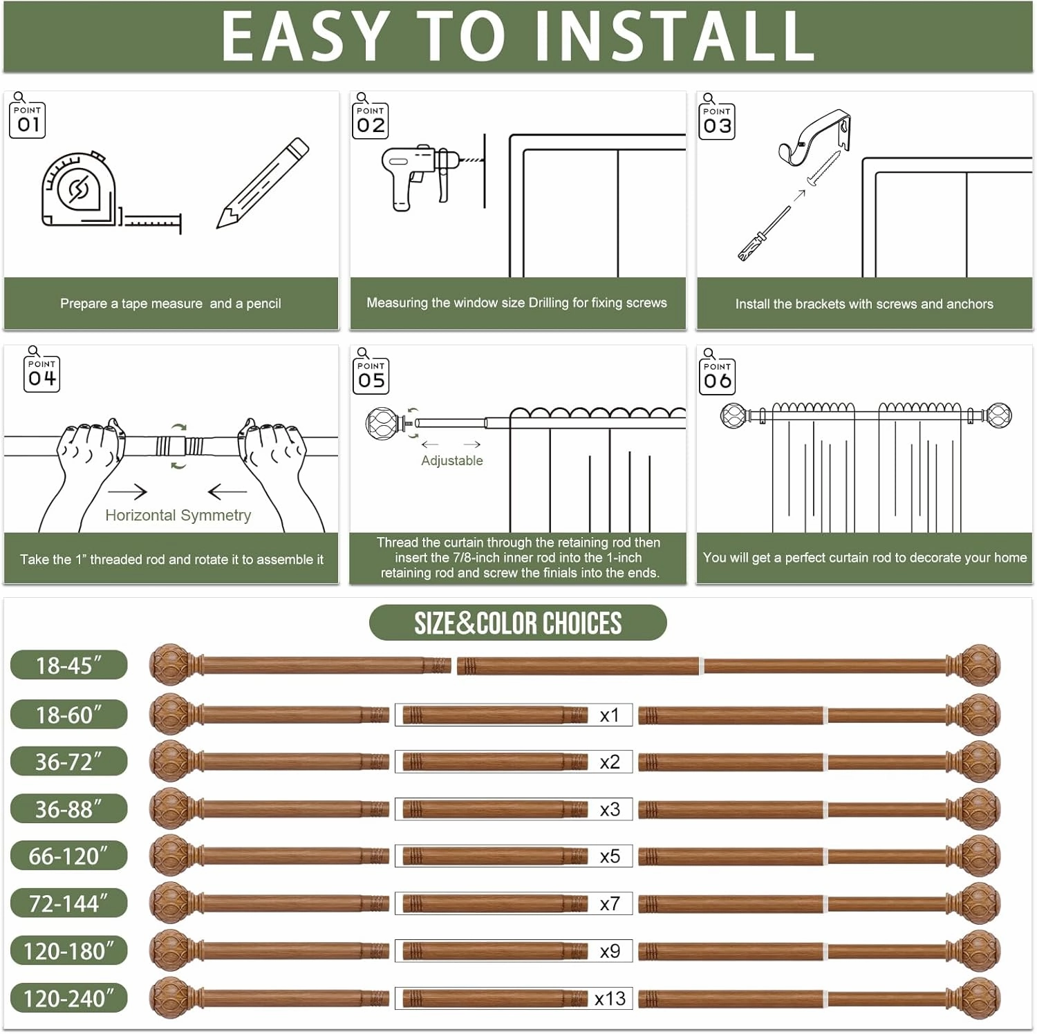 2 Pack Wood Curtain Rods 48 to 84 Inch,1 Inch Adjustable Curtain Rod,Netted Texture Window Curtains Rods,Farmhouse Rustic Heavy Duty Curtain Rods,Brown Wood Grain Decorative Drapery Rods 36-88"