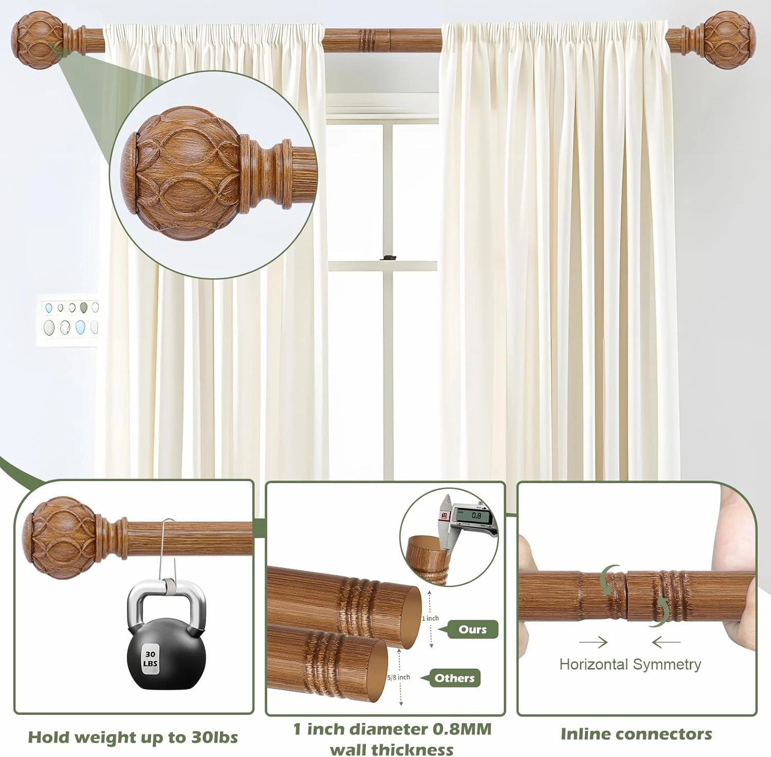 2 Pack Wood Curtain Rods 48 to 84 Inch,1 Inch Adjustable Curtain Rod,Netted Texture Window Curtains Rods,Farmhouse Rustic Heavy Duty Curtain Rods,Brown Wood Grain Decorative Drapery Rods 36-88"