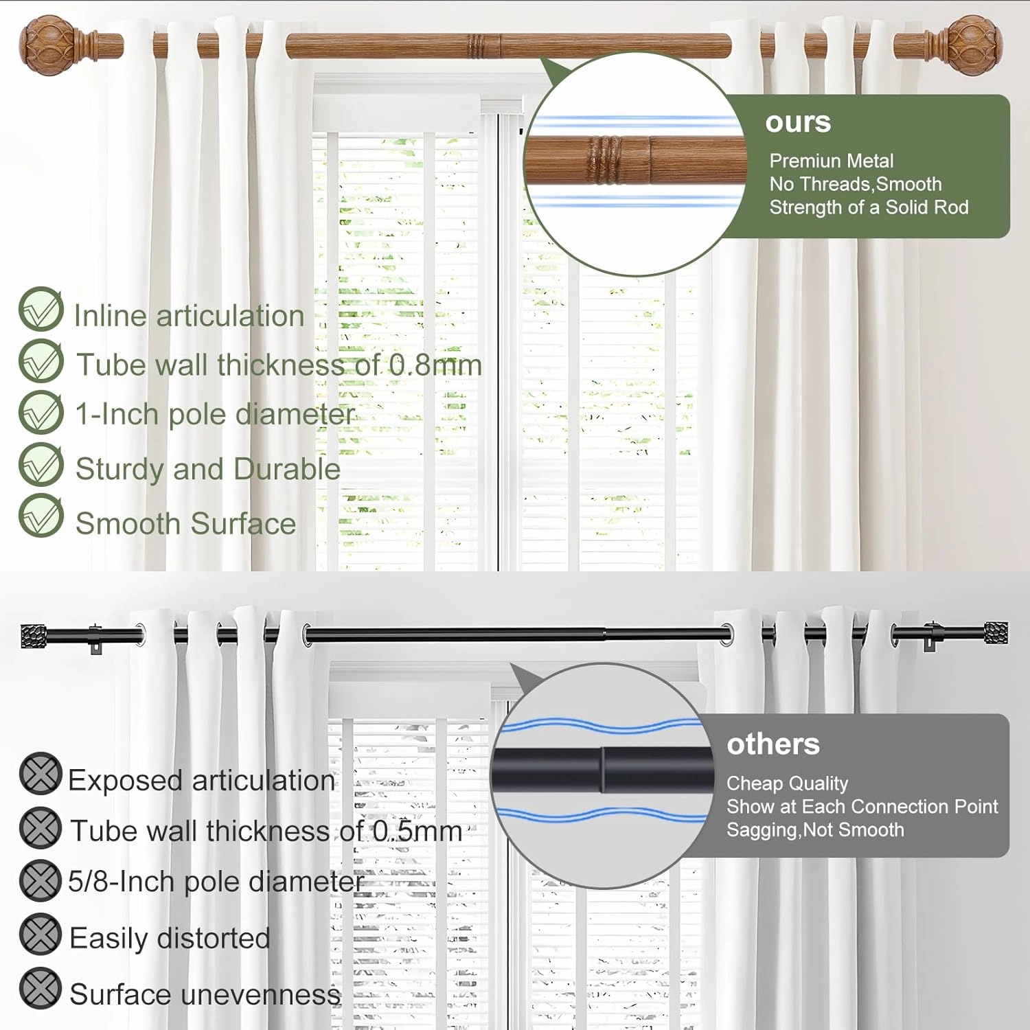 2 Pack Wood Curtain Rods 48 to 84 Inch,1 Inch Adjustable Curtain Rod,Netted Texture Window Curtains Rods,Farmhouse Rustic Heavy Duty Curtain Rods,Brown Wood Grain Decorative Drapery Rods 36-88"