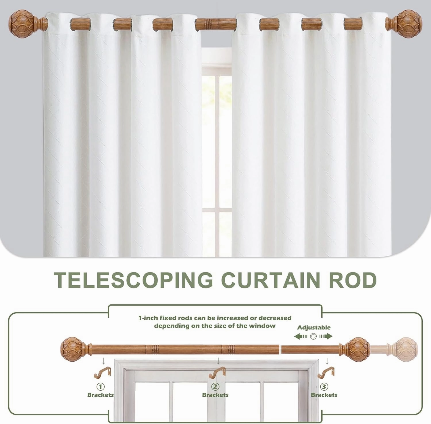 2 Pack Wood Curtain Rods 48 to 84 Inch,1 Inch Adjustable Curtain Rod,Netted Texture Window Curtains Rods,Farmhouse Rustic Heavy Duty Curtain Rods,Brown Wood Grain Decorative Drapery Rods 36-88"