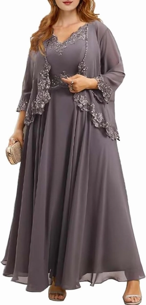 2 Piece Mother of The Bride Dresses for Women Appliques Ankle Length Wedding Guest Dress with Jacket Plus Size