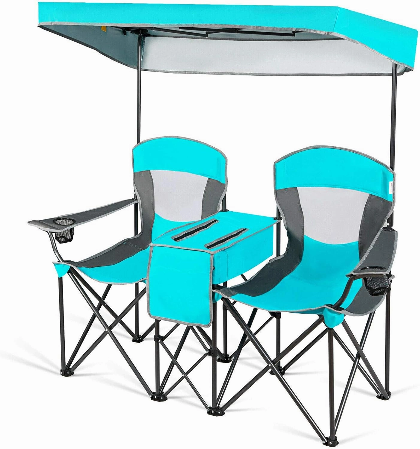 2 Seats Portable Folding Camping Chair with Adjustable Detachable Canopy Cup Holder Cooler Iced Bag Foldable Design Suitable for Camping Picnic Trekking Fishing Balcony Courtyard Beach Outdoor Places