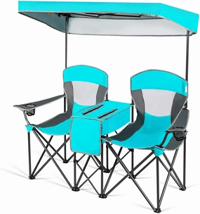 2 Seats Portable Folding Camping Chair with Adjustable Detachable Canopy Cup Holder Cooler Iced Bag Foldable Design Suitable for Camping Picnic Trekking Fishing Balcony Courtyard Beach Outdoor Places