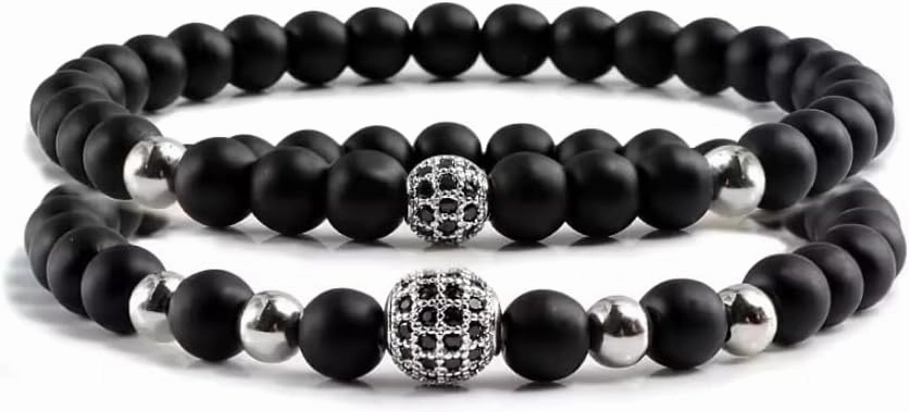 2pcs/set Bracelet Men 6mm Natural Black Matte Stone Micro-inlaid Zircon Ball Beaded Bracelets For Women Yoga
