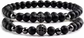 2pcs/set Bracelet Men 6mm Natural Black Matte Stone Micro-inlaid Zircon Ball Beaded Bracelets For Women Yoga
