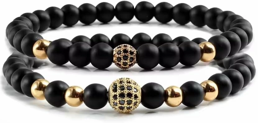 2pcs/set Bracelet Men 6mm Natural Black Matte Stone Micro-inlaid Zircon Ball Beaded Bracelets For Women Yoga
