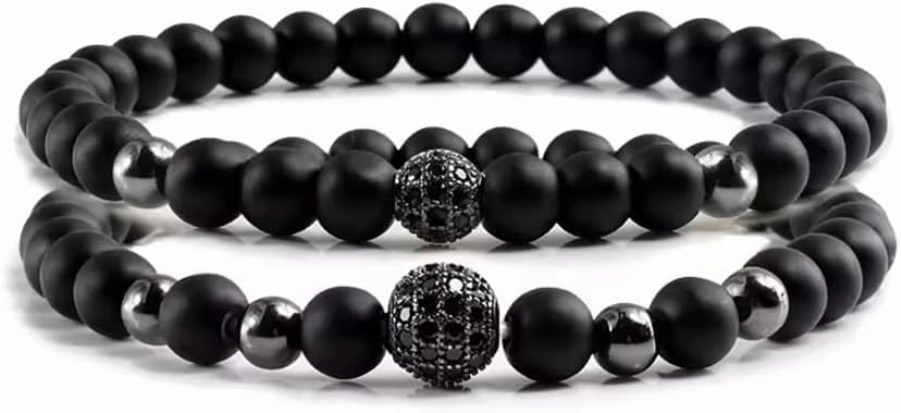 2pcs/set Bracelet Men 6mm Natural Black Matte Stone Micro-inlaid Zircon Ball Beaded Bracelets For Women Yoga