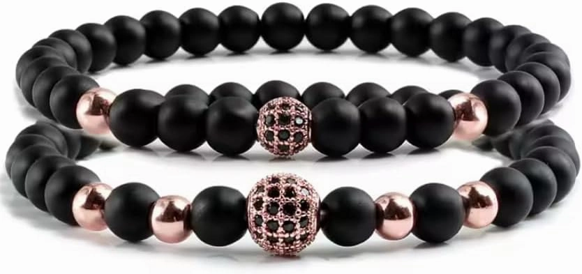 2pcs/set Bracelet Men 6mm Natural Black Matte Stone Micro-inlaid Zircon Ball Beaded Bracelets For Women Yoga