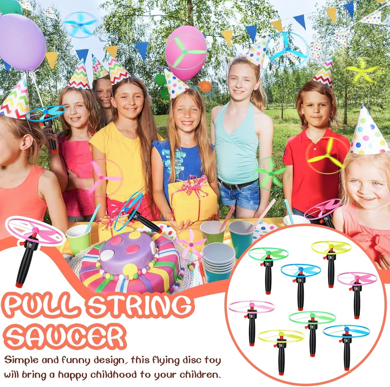 36 Pcs Flying Saucer Flying Disc Toy Helicopter Toy Disco Flyers Include 12 String Launchers and 24 Flying Saucer Flying Disc Launcher Flying Toys Little Teens Outdoor Activity Birthday Favors
