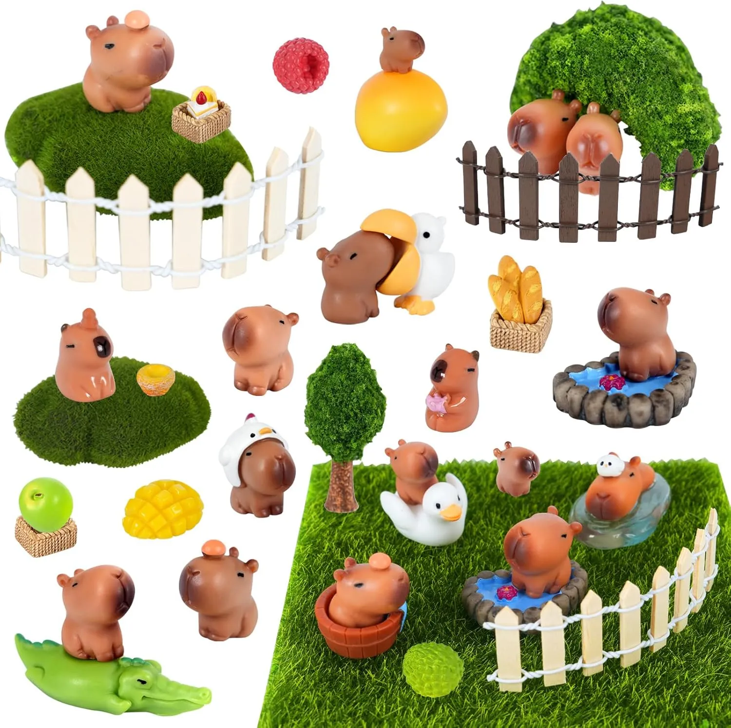 38 Pcs Mini Capybara Figures Playset Simulation Capybara Model Miniature Garden Accessories, Wood Mini Fences, Mountain Figurine, Cake Topper for Fairy Garden Micro Landscape Decor