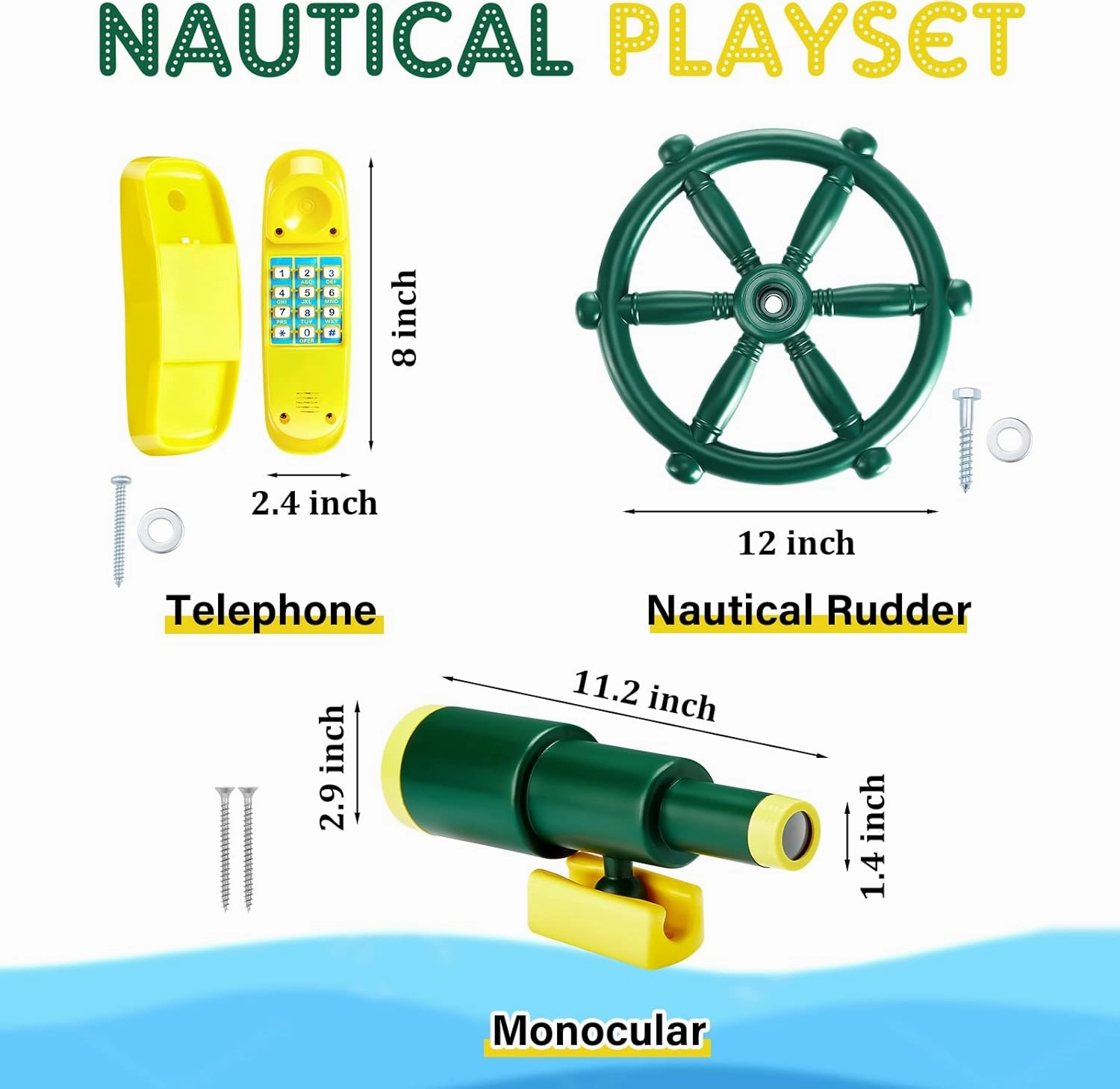 3 Pcs Playground Accessories for Kids Outdoor Swing Set Accessories Playground Equipment Pirate Plastic Ship Wheel Toy Telescope Telephone Backyard Outdoor Playhouse Climbing Equipment(Yellow, Green)