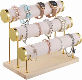 3-Tier Detachable Bracelet Stand with Velvet Finish, Wooden Base Jewelry Organizer for Bangles, Watches, Necklaces