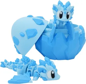 3D Printed Articulated Dragon Model with Egg Shell Fantasy Hatchling Creature for Collectors Desktop Display Blue Crystal Style (Two Dragons and an Egg)