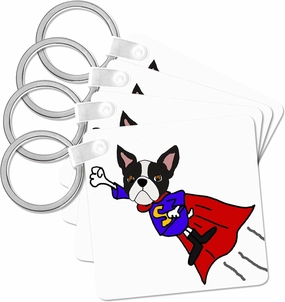 3dRose, Cute Funny Boston Terrier Puppy Dog Flying Superhero, Key Chain